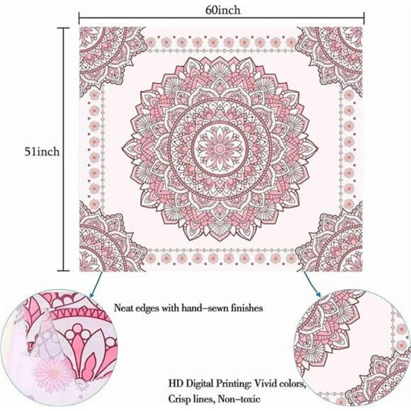 Boho Pink Mandala Wall Tapestry Floral Dorm Room Decor for Teen Girls Bedroom - Picture 7 of 8